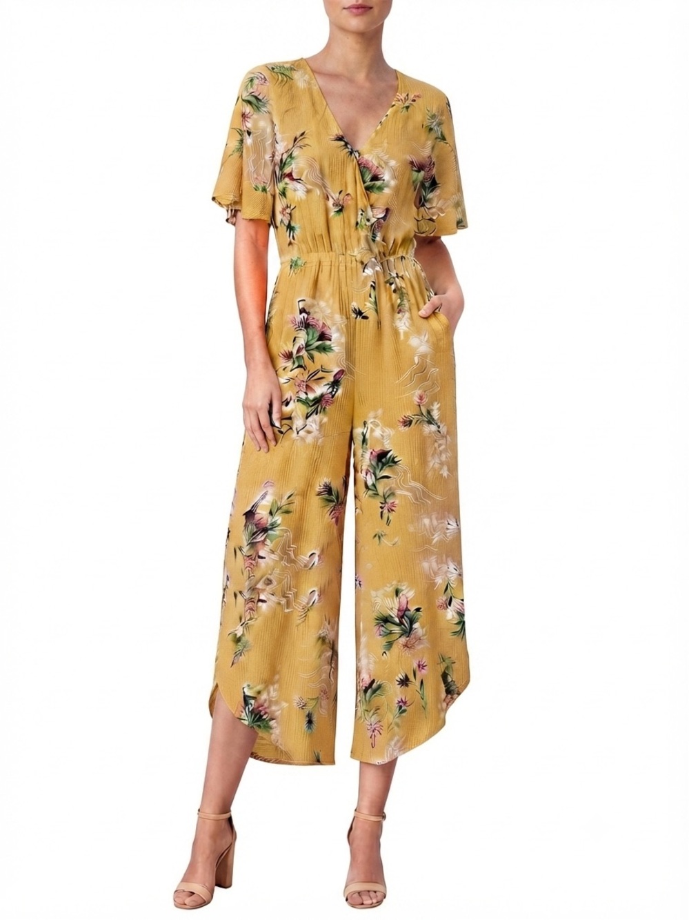 Cotton On Woven Angel Floral Jumpsuit Yellow Sz L Wide Leg Boho Fairy Garden